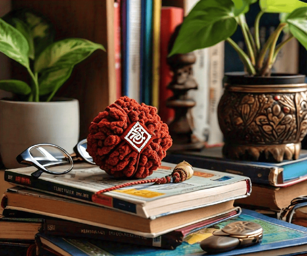 A visual representation of Rudraksha beads placed in a study area, creating a focused and productive environment